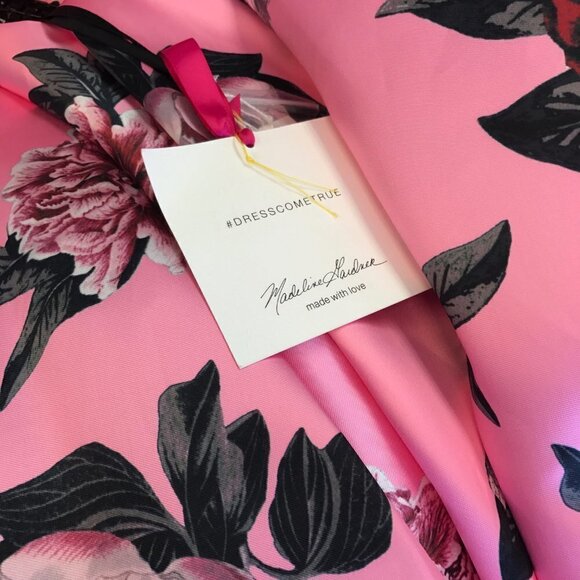 MORI LEE 2-Piece Pink Black Beaded Crop Top Floral Satin Skirt Dress Prom Gown 6 - Picture 4 of 7